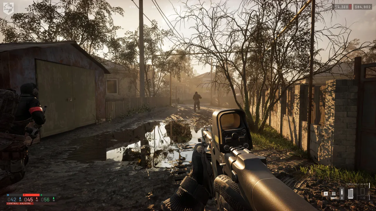 WARDOGS first-person player advancing through a residential area with teammates